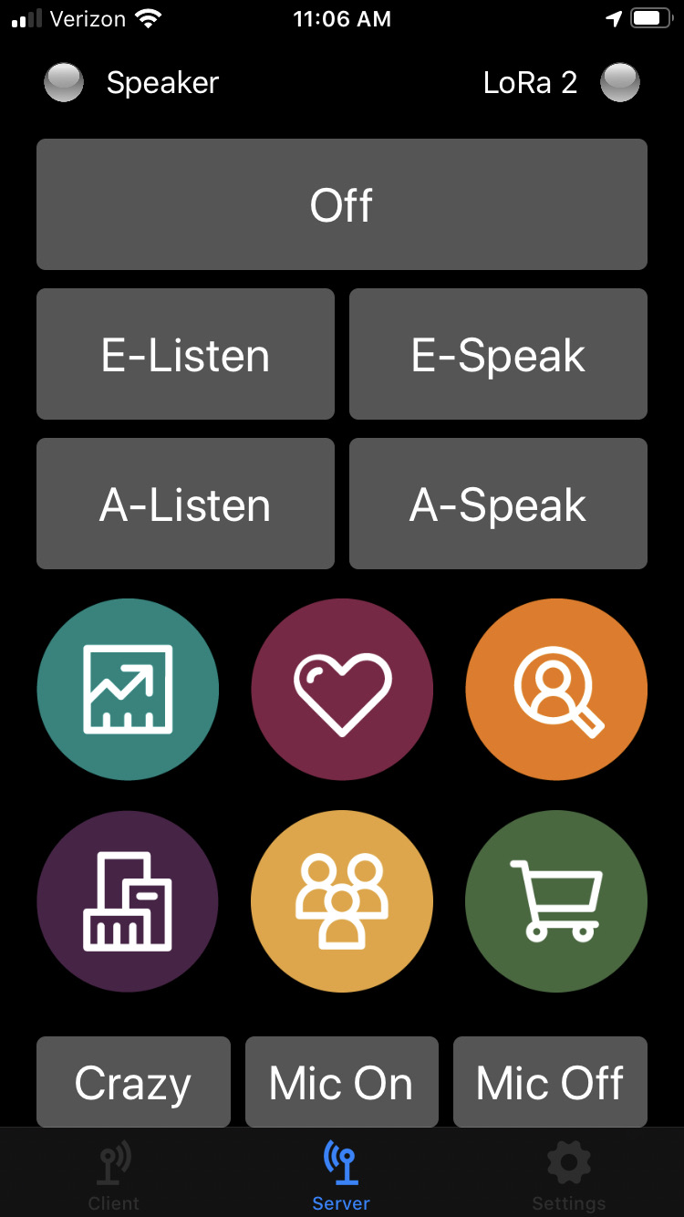 The iPhone remote app: Off, E-Listen, E-Speak, A-Listen, and A-Speak buttons, six round colored buttons with icons, and Crazy, Mic On, and Mic Off buttons